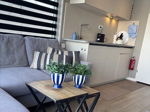 A modern kitchen with a grey sofa, striped cushions, and two striped vases on a wooden table. - Houseboat With Rooftop Terrace (Wolphaartsdijk)