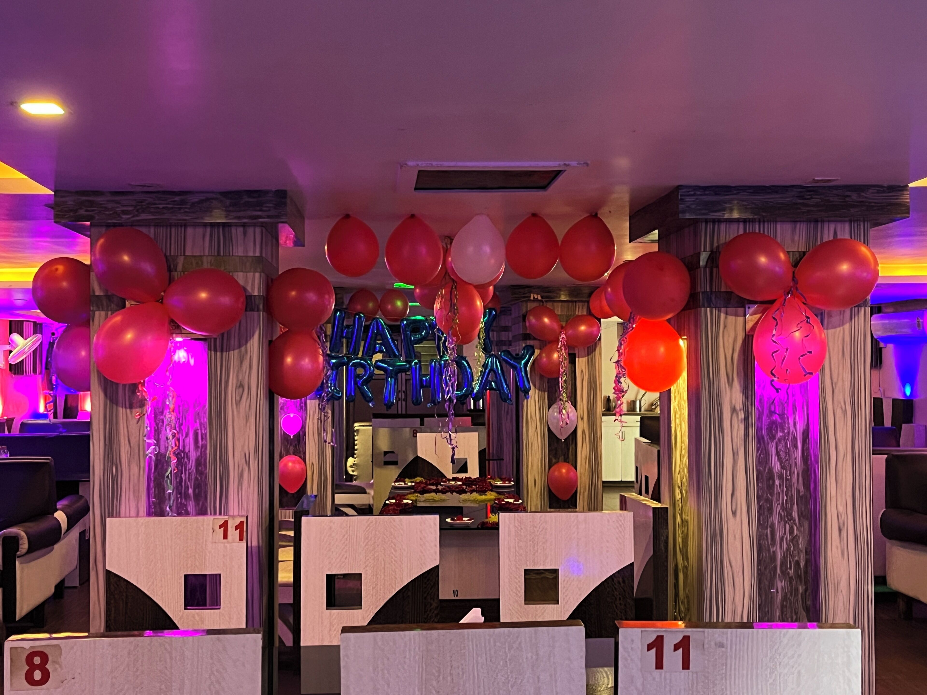 A room with a birthday theme, including balloons and a 'HAPPY BIRTHDAY' sign. There are numbered seating areas and a bar area with a counter.