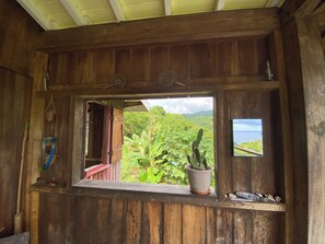 Una habitación de madera con ventana que da a un paisaje exuberante y una masa de agua.