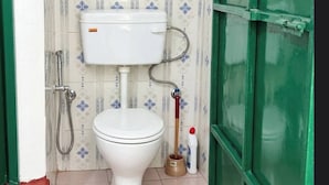 Ein Badezimmer mit Toilette, Dusche und einer grünen Tür.