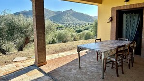 Une terrasse extérieure avec une table et des chaises, un sol en briques et une vue sur un paysage montagneux.