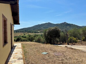 Un bâtiment à l’extérieur en briques, avec un chemin pavé menant à une zone herbeuse fermée par un portail en métal.
