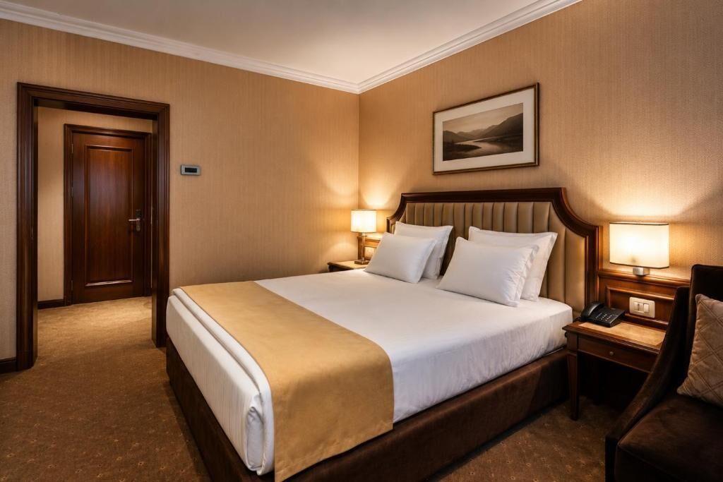 Een hotelkamer met een groot bed, twee nachtkastjes met lampen, een deur en een lijst met een afbeelding aan de muur.