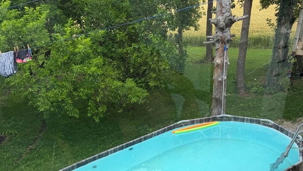 An outdoor swimming pool with a wooden border and a ladder.