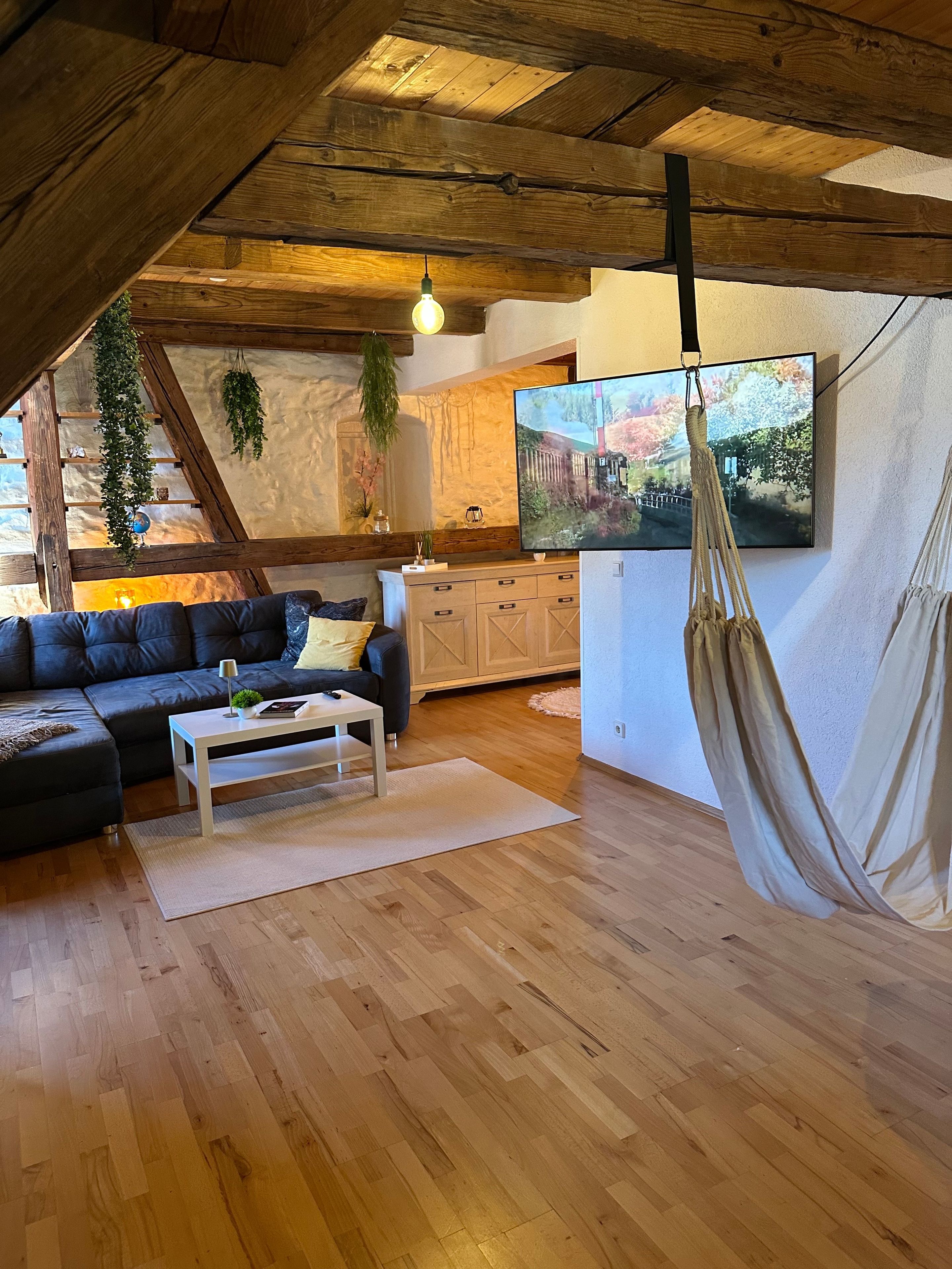 Ein gemütliches Wohnzimmer mit Holzboden, einer Couch, einem Couchtisch und einem hängenden Makramee-Sessel.