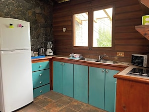 Una cocina compacta con pared de piedra, un refrigerador blanco, armarios color turquesa, un lavamanos y una ventana con vistas.