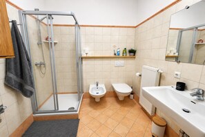 A bathroom with a shower, bidet, toilet, sink, and a mirror. - Apartment on the ski slope (Bad Kleinkirchheim)