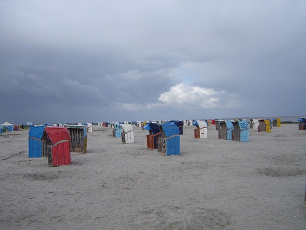 Una playa con numerosas cabañas de playa numeradas y dispuestas en filas.