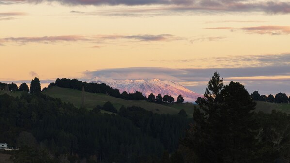 A mountain landscape with a snow-capped peak, forested hills, and a clear sky.