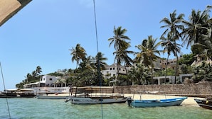 A coastal scene with boats docked, palm trees, and buildings on a hillside.