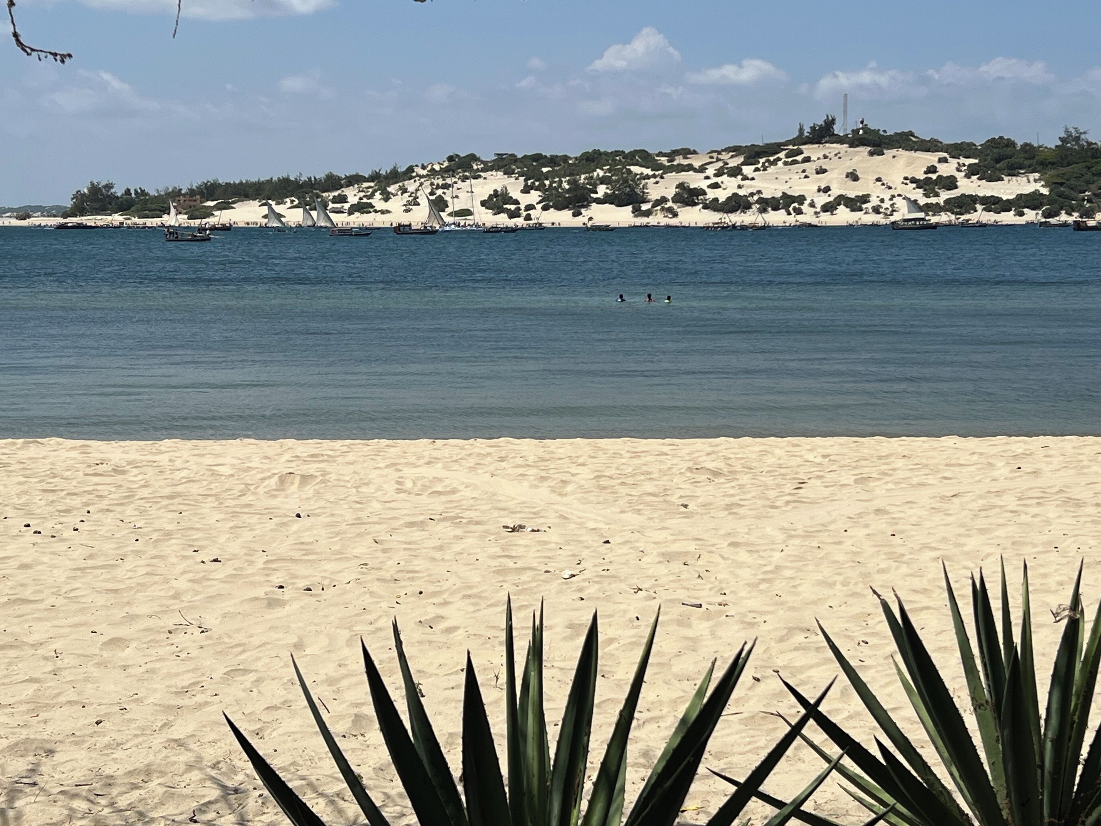 En strand med sand og et klart, blåt hav.