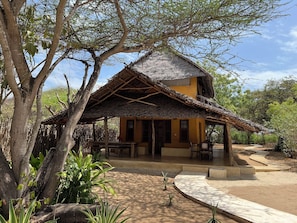 A thatched-roof structure with a porch, surrounded by trees and plants.