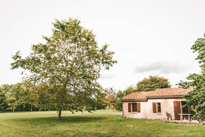 A house with a tiled roof and a large tree in front.