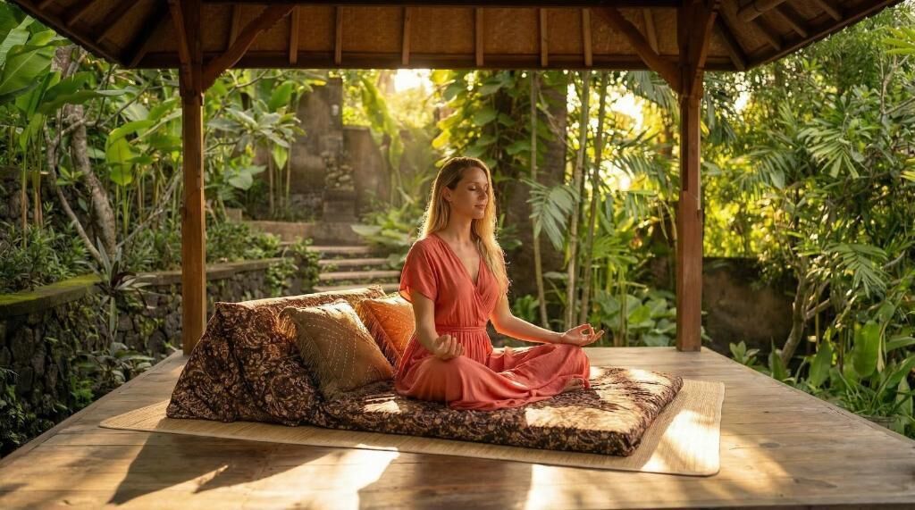 Una persona meditando en una plataforma de madera con techo de paja, rodeada de abundante vegetación.