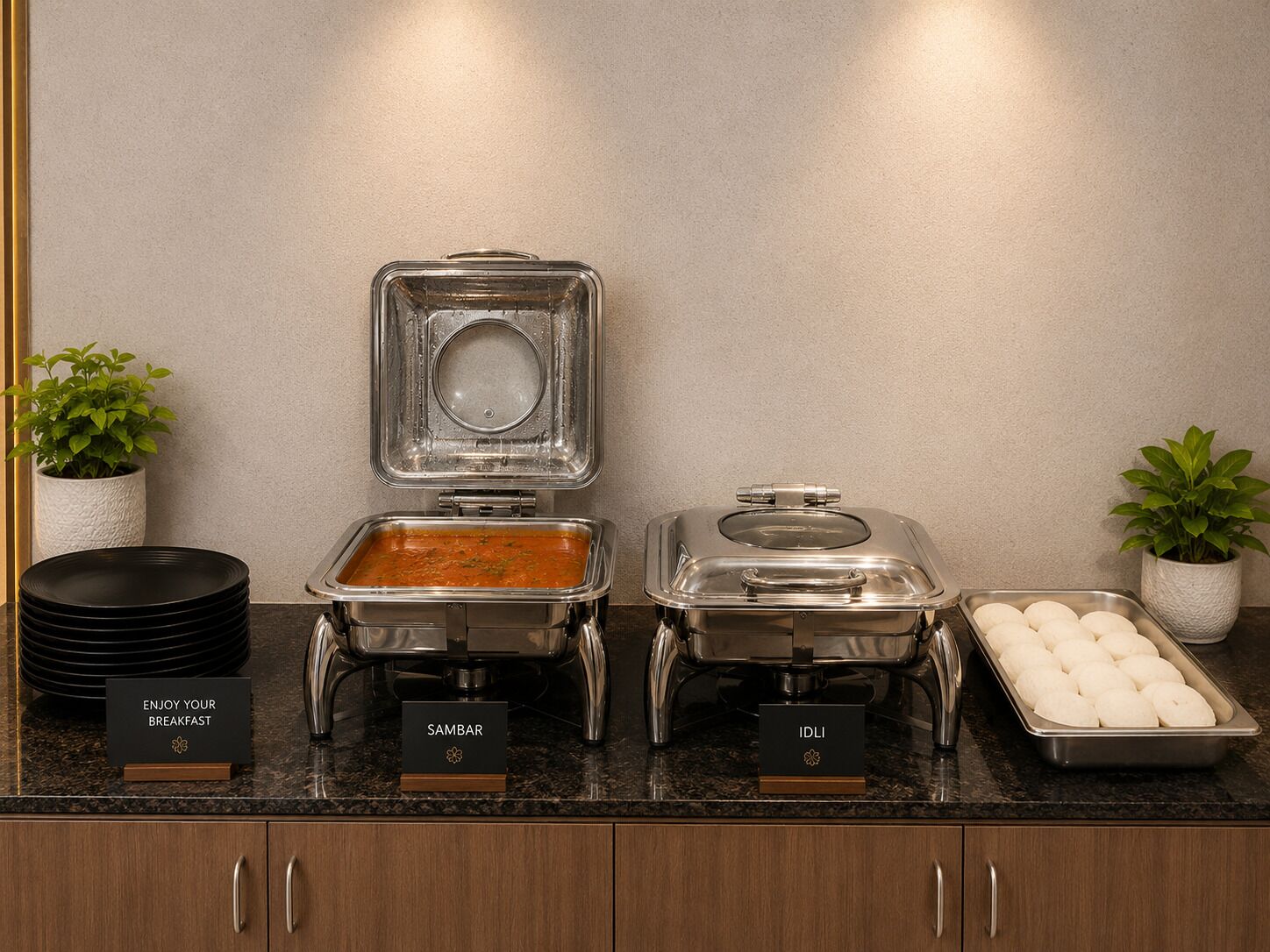 Ein Buffet mit beschrifteten Speiseausgaben, darunter eine Sambar-Station und eine Idli-Station, auf einer Granitarbeitsplatte.