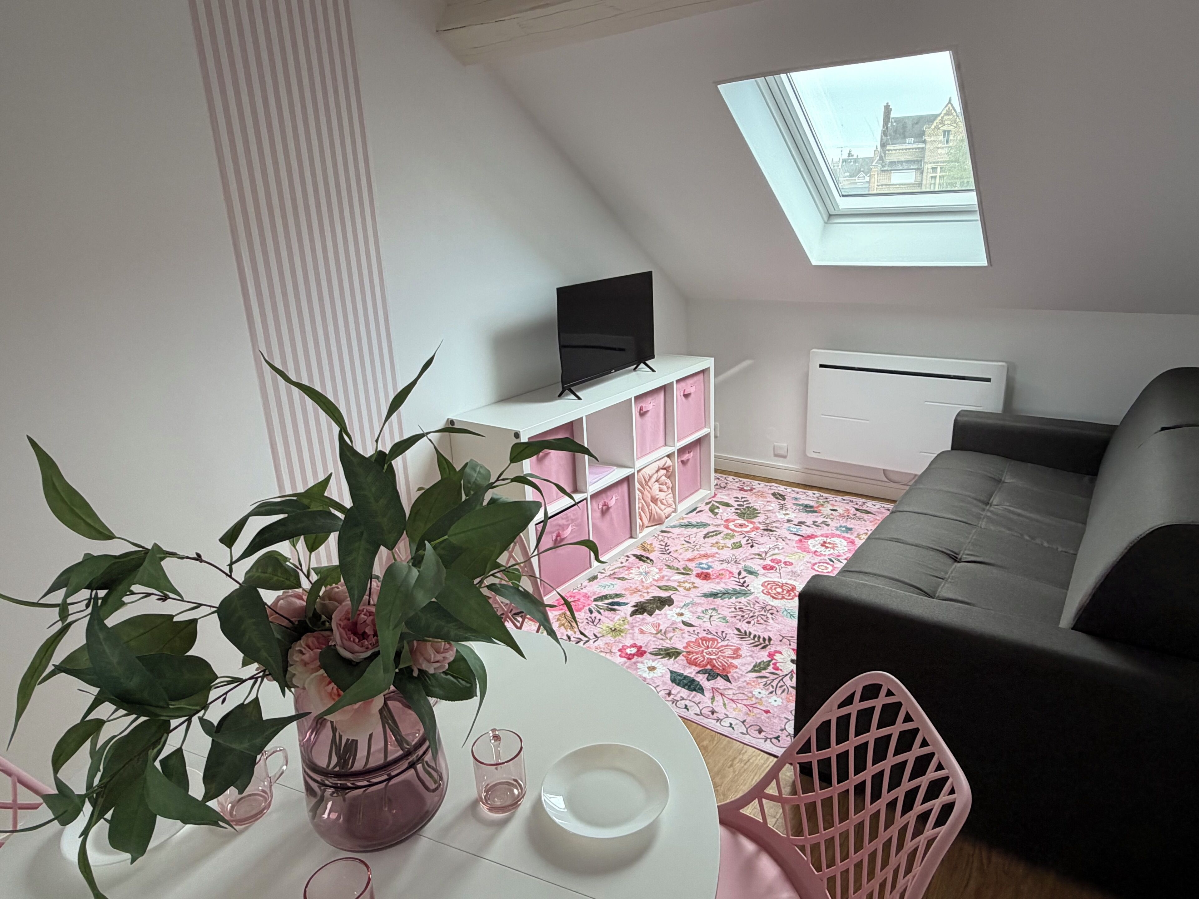 A room with a skylight, a television on a stand, a sofa, a dining table with chairs, and a pink patterned rug.