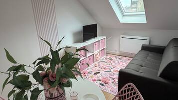 A room with a skylight, a television on a stand, a sofa, a dining table with chairs, and a pink patterned rug.