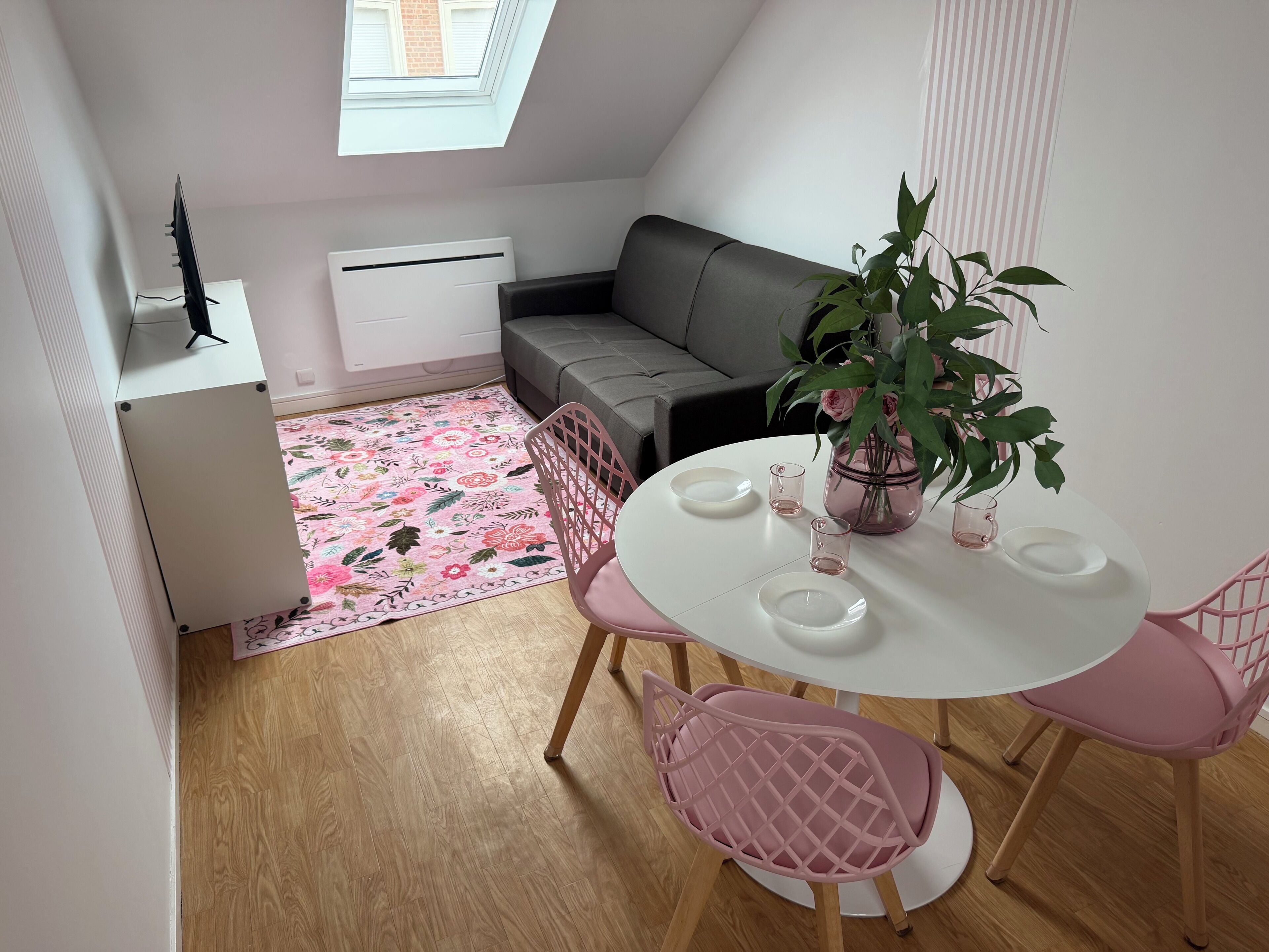 A small, modern apartment with a dining area featuring a round table and pink chairs, a grey sofa, a potted plant, and a radiator.