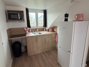 A compact kitchen with a microwave, sink, and white refrigerator. - La vie en rose, chic apartment in center Amiens (Amiens)