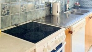 Eine Küche mit Herd, Backofen und Spüle.