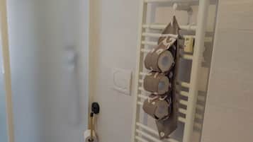 Shower, hair dryer, bidet, towels