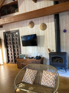 Ein Zimmer mit Holzboden, einem an der Wand befestigten Fernseher, einem Kamin und einem Korbsessel mit gemusterten Kissen.