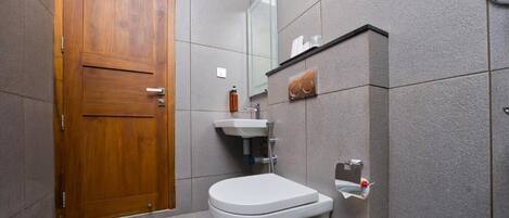 A bathroom with a wooden door, a white toilet, a sink, and a mirror.