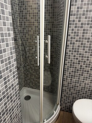 Eine Dusche mit Glastür, eine weiße Toilette und geflieste Wände.