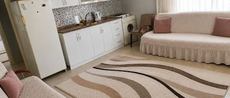 Un espacio habitable pequeño con kitchenette, un conjunto de sofás y un tapete estampado.