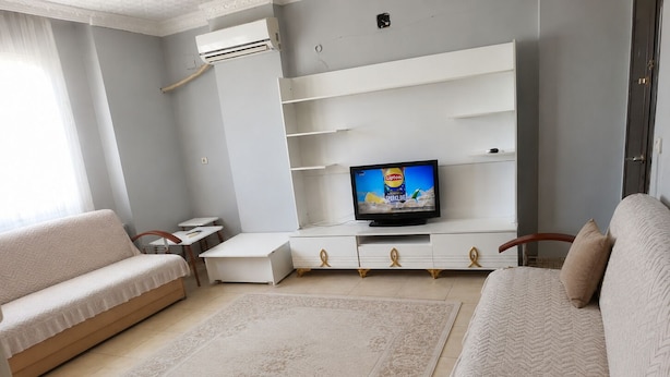 A living room with a sofa, a coffee table, a TV on a stand, and a patterned rug.