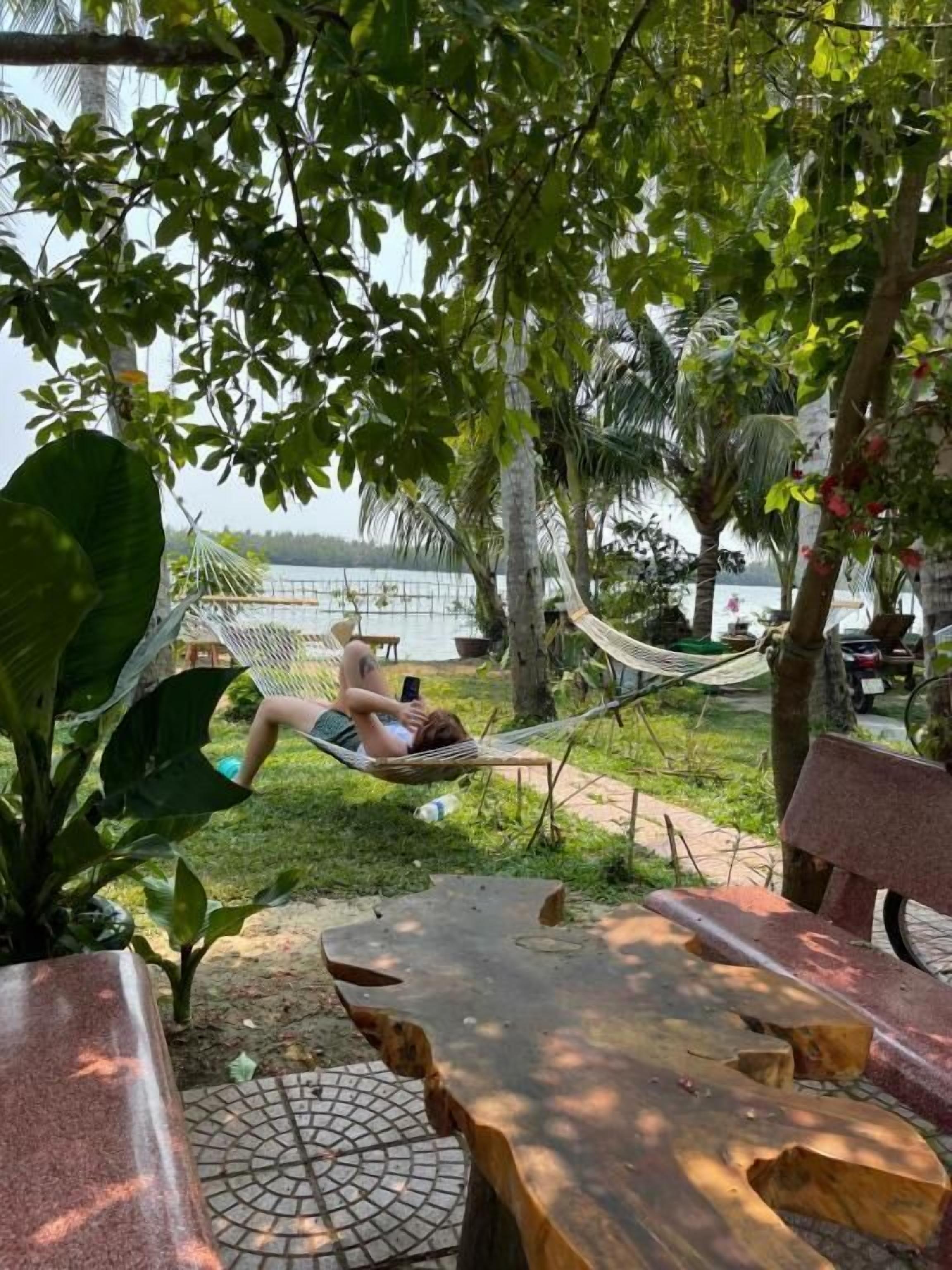 A hammock under a tree, a wooden bench, and a view of a body of water.