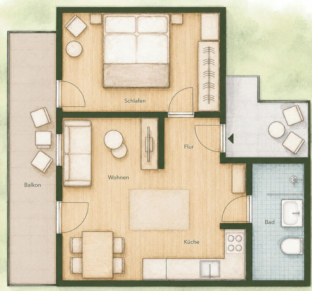 A floor plan of a hotel room with a balcony, living area, bedroom, bathroom, and kitchen.