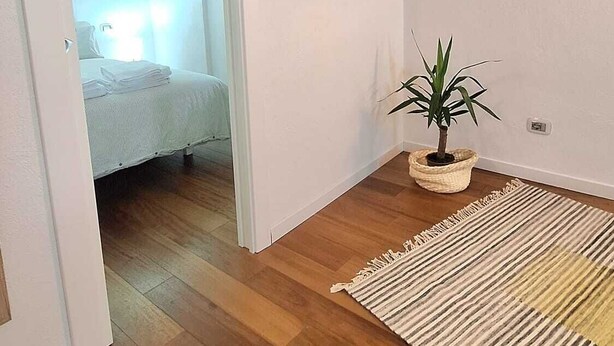 A room with a television mounted on the wall, a potted plant, a striped rug, and a bed in the adjacent room. - At Vale's House (Pescocostanzo)