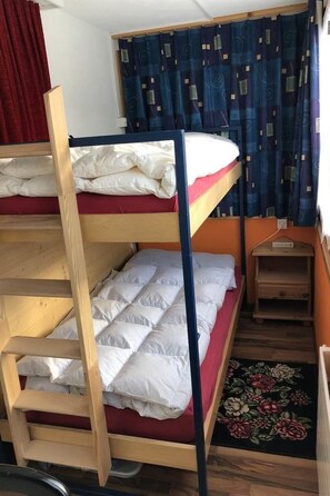 Uma cama beliche com escada de madeira, uma pequena prateleira de madeira e um tapete floral no chão.