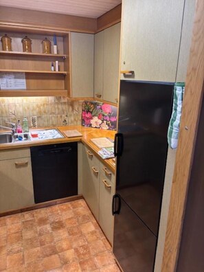 A kitchen with a refrigerator, sink, and wooden cabinets. - Casa Laghetto 5 Appartement/Fewo, Bad, WC, 4-Bettwohnung 4-Bettwohnung by Interhome (Arosa)