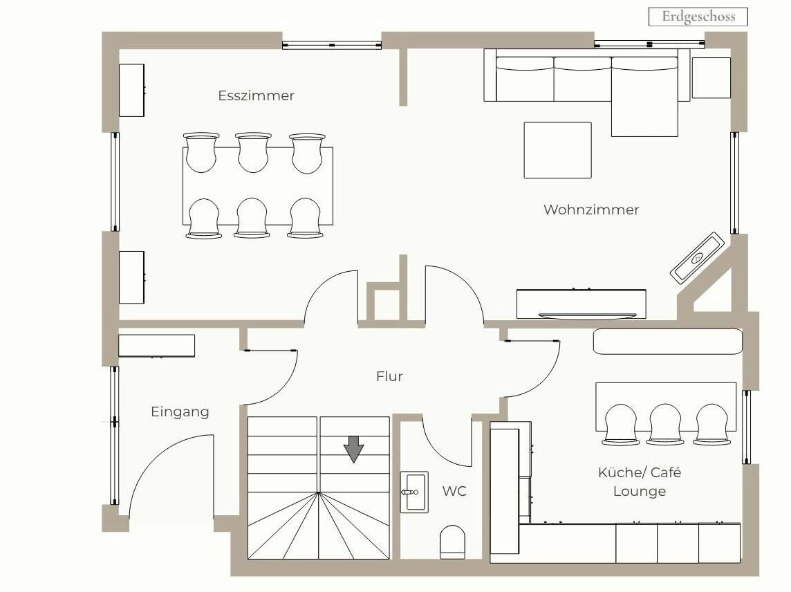 Plano de planta de un hotel que muestra una sala de estar, dormitorio, cocina, comedor, aseo y entrada.