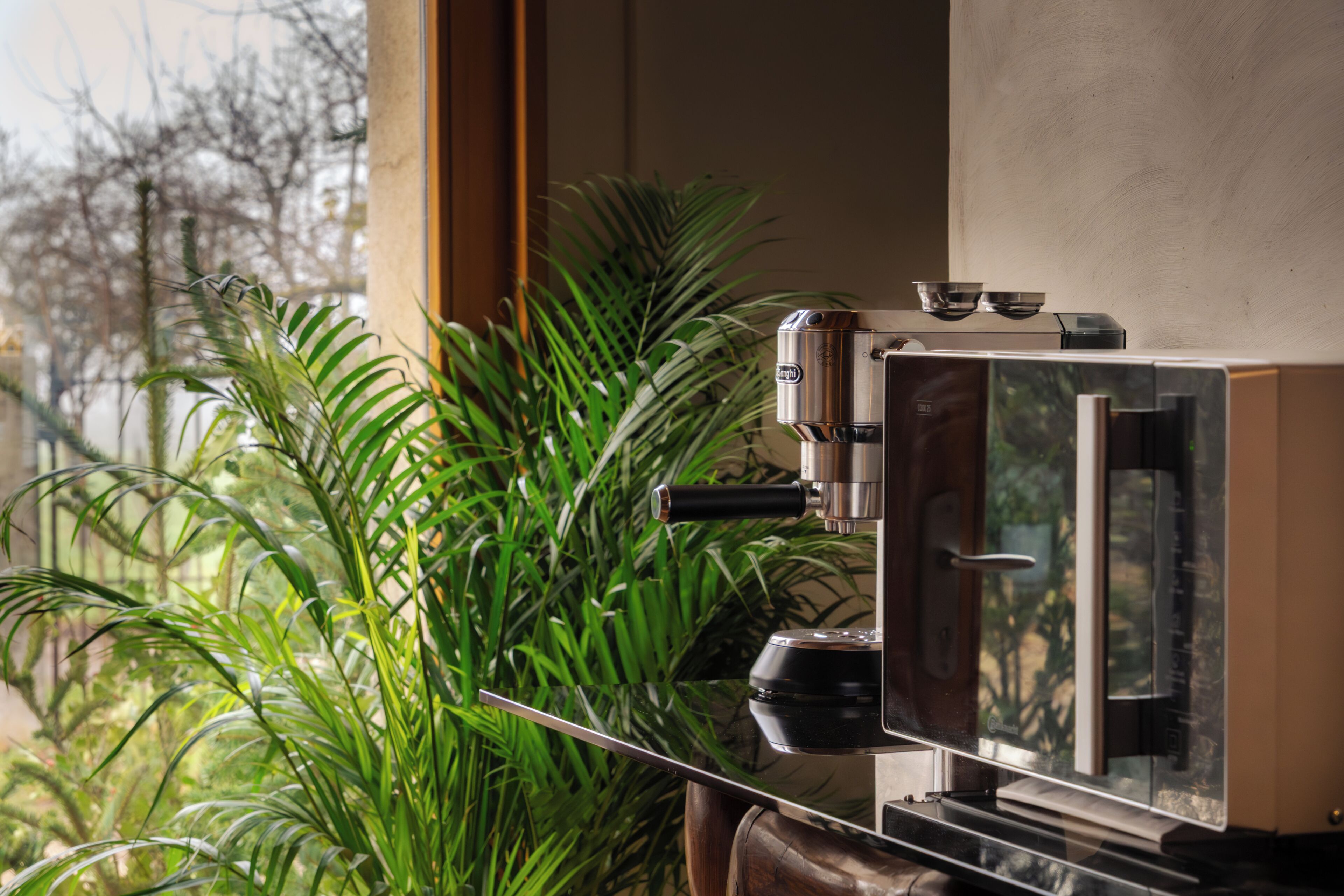 A kitchen with a built-in espresso machine, a window with a view of trees, and a potted plant.