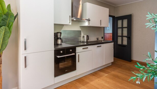 A modern kitchen with white cabinetry, stainless steel appliances, and a wooden floor. - Vakantiepark De Wiltzangh - De Havezate Wellness by Interhome (Ruinen)