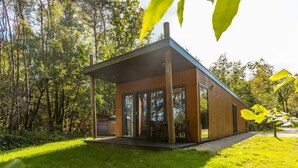 A modern wooden cabin with large windows, a covered patio, and a surrounding forest. - De Wiltzangh - Bosrand Wellness Cabin | 2p by Interhome (Ruinen)