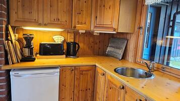 Una cocina compacta con armarios de madera, lavavajillas integrado, tostadora y pileta.