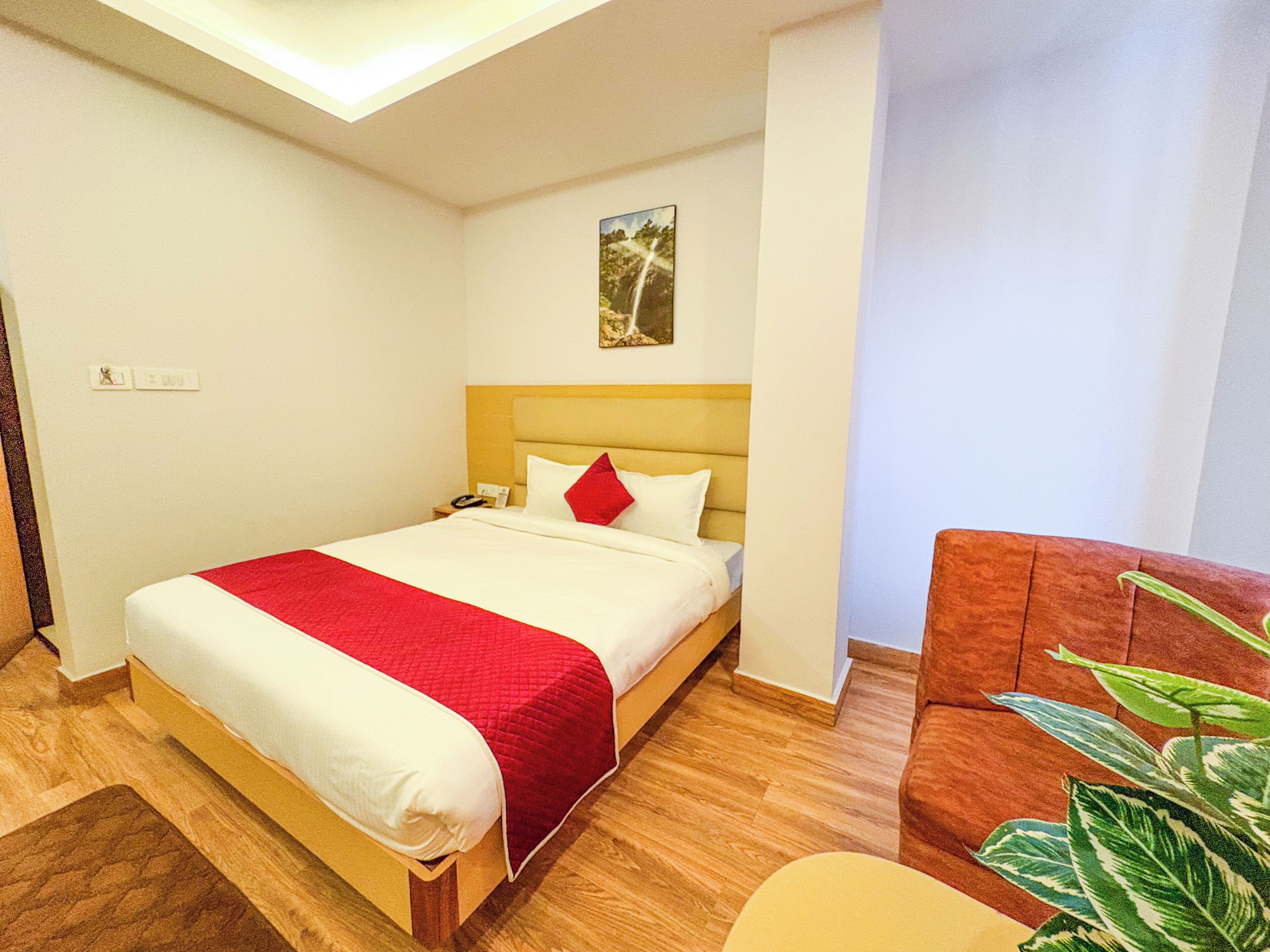 Una habitación de hotel con cama, mesita de noche y una planta.