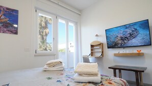 Quarto com uma cama, televisão, janela e porta.