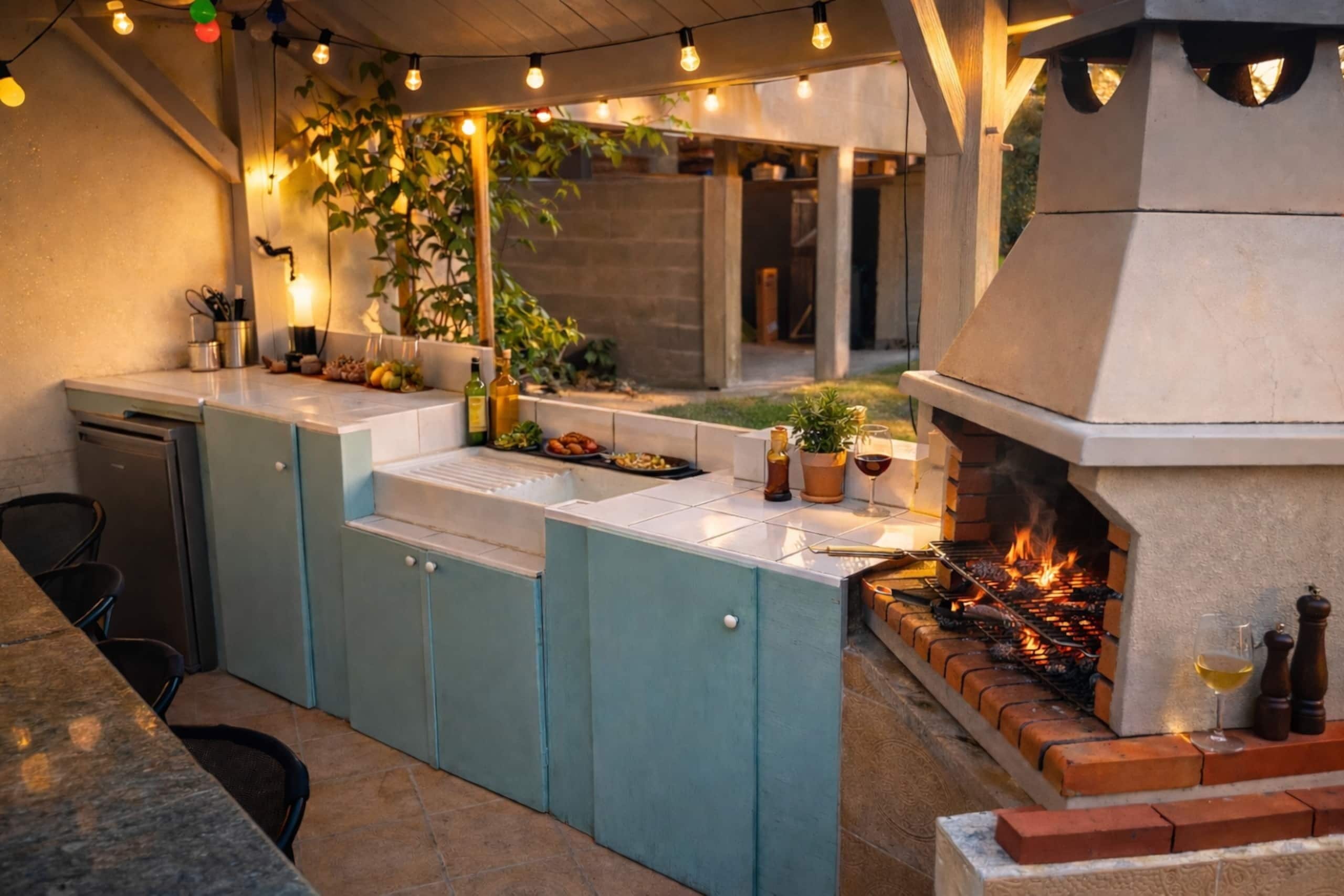 An outdoor kitchen area with a built-in grill, a sink, and a dining space.