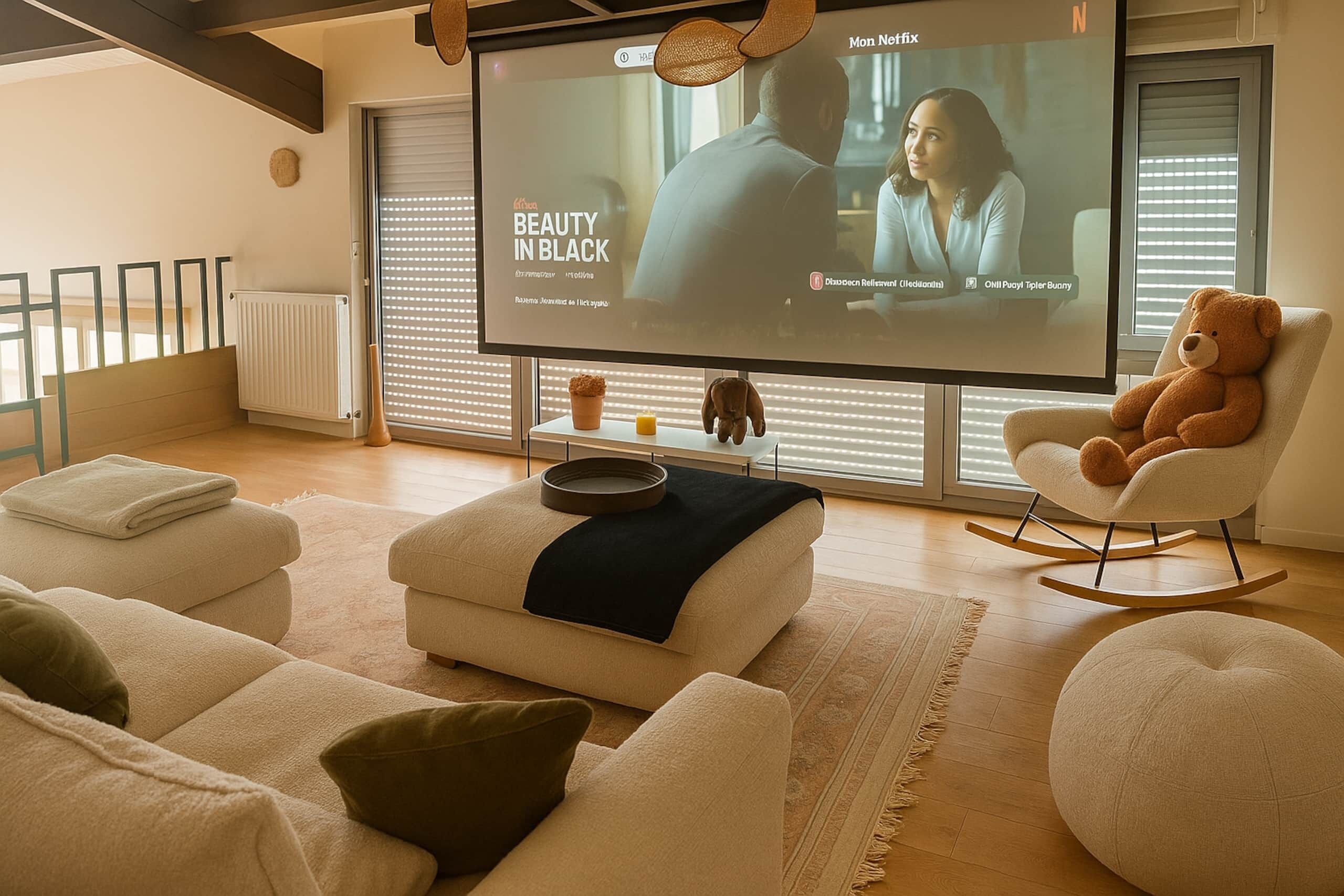 Un salon moderne doté d’un grand téléviseur à écran plat, de sièges confortables et d’un tapis décoratif.