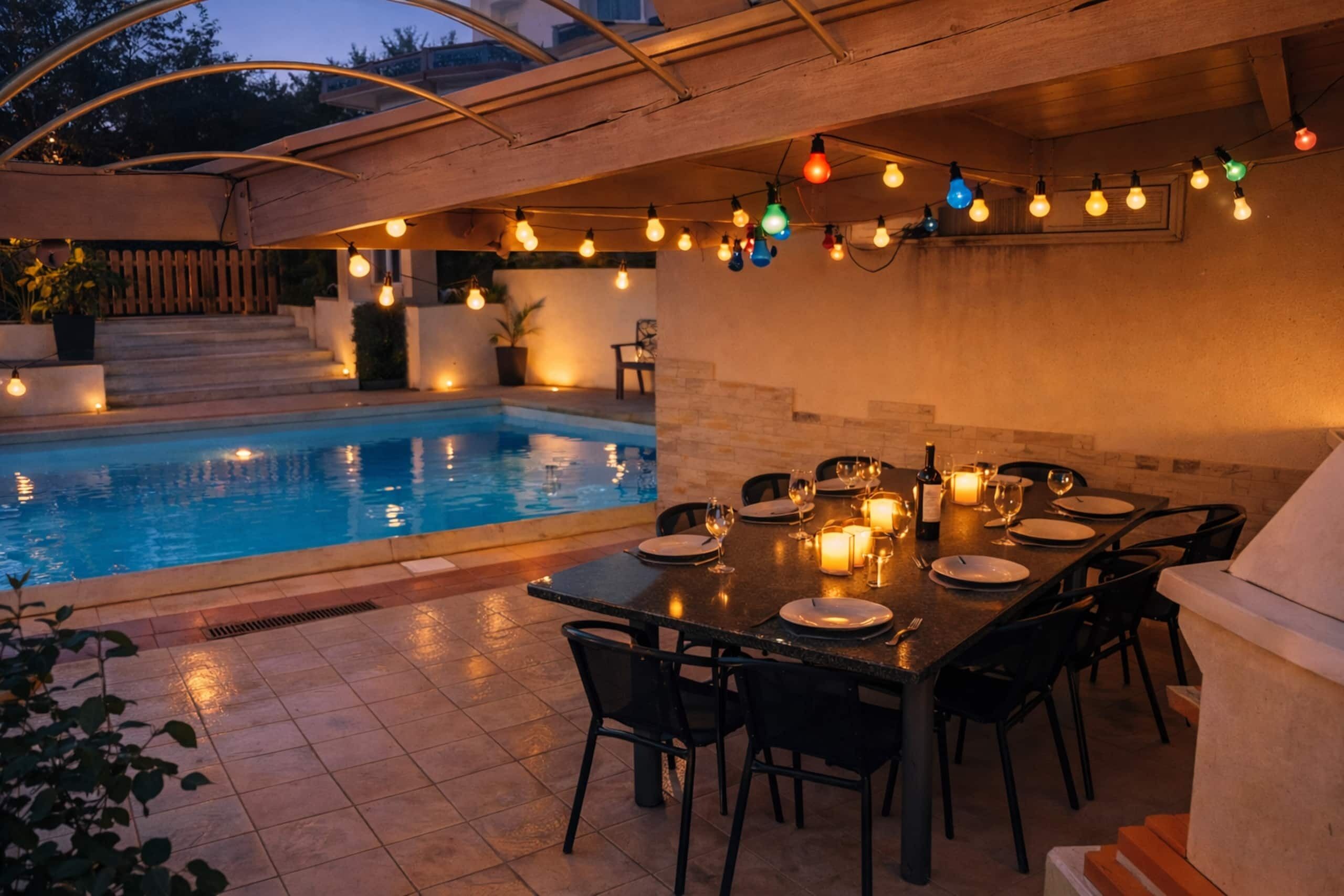 Área de refeições ao ar livre com piscina, luzes de corda e mesa posta para uma refeição.