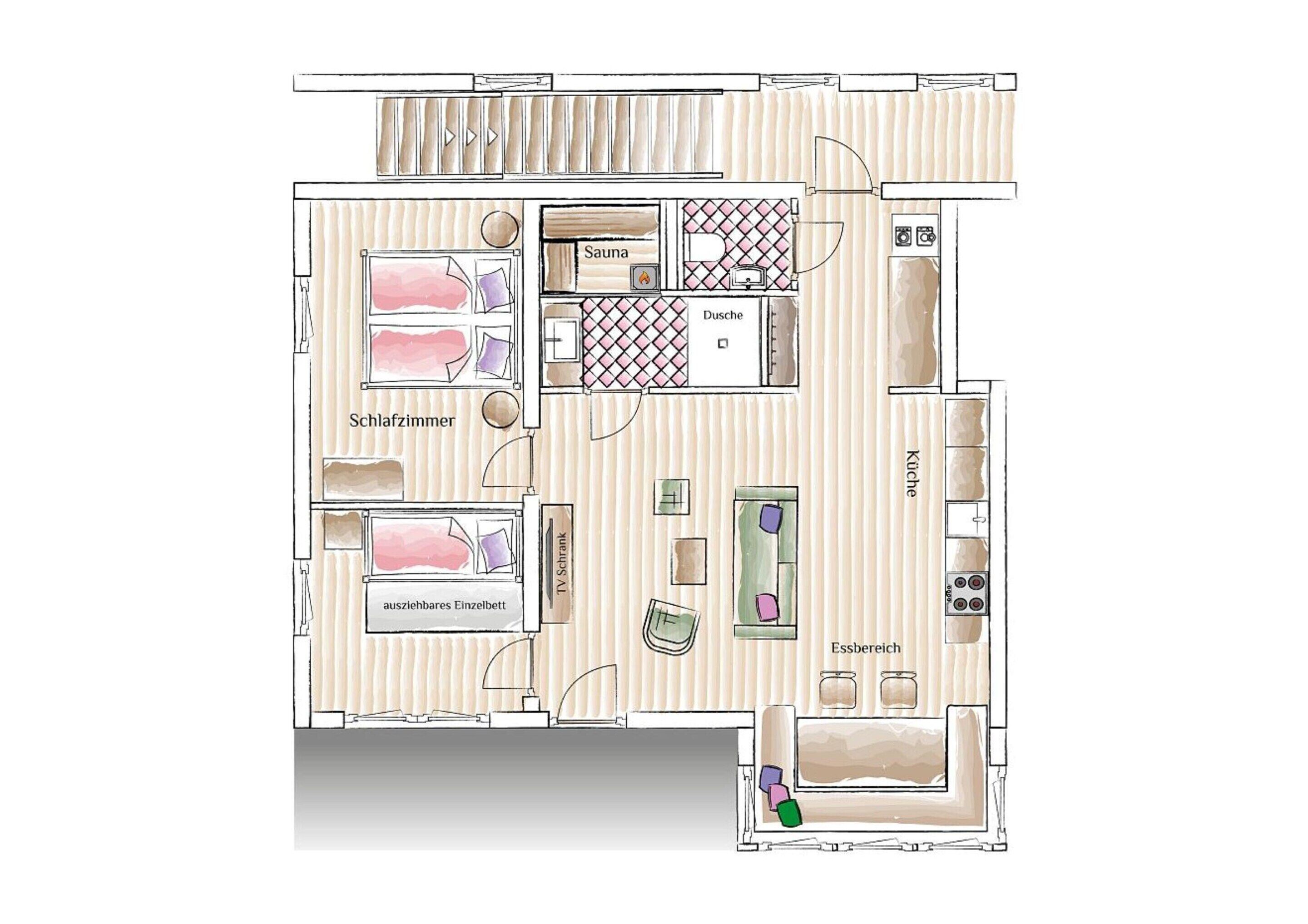 Indeling van een hotelkamer met een badkamer, een zithoek met televisie, een eethoek en een kitchenette.