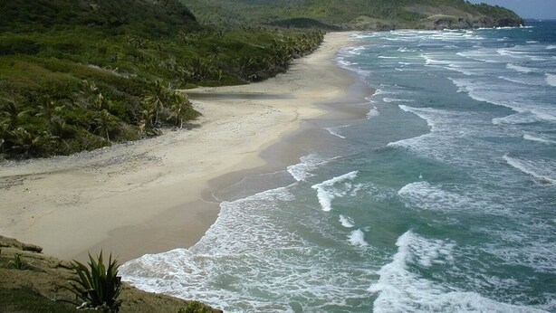 Ein Strand mit sandigem Ufer und brechenden Wellen.
