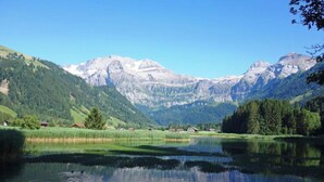 A tranquil lake with mountains in the background, surrounded by greenery and a few buildings. - Brandegg 4 Appartement/Fewo, Dusche oder Bad, WC 5-Bett-Wohnung by Interhome (Lenk)