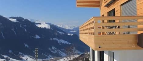 A modern building with a wooden facade, a balcony, and a view of snow-covered mountains.