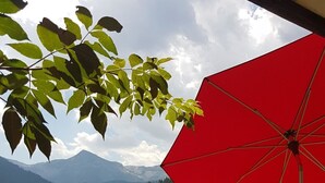Ein roter Regenschirm, eine Rasenfläche und eine Bergkulisse.
